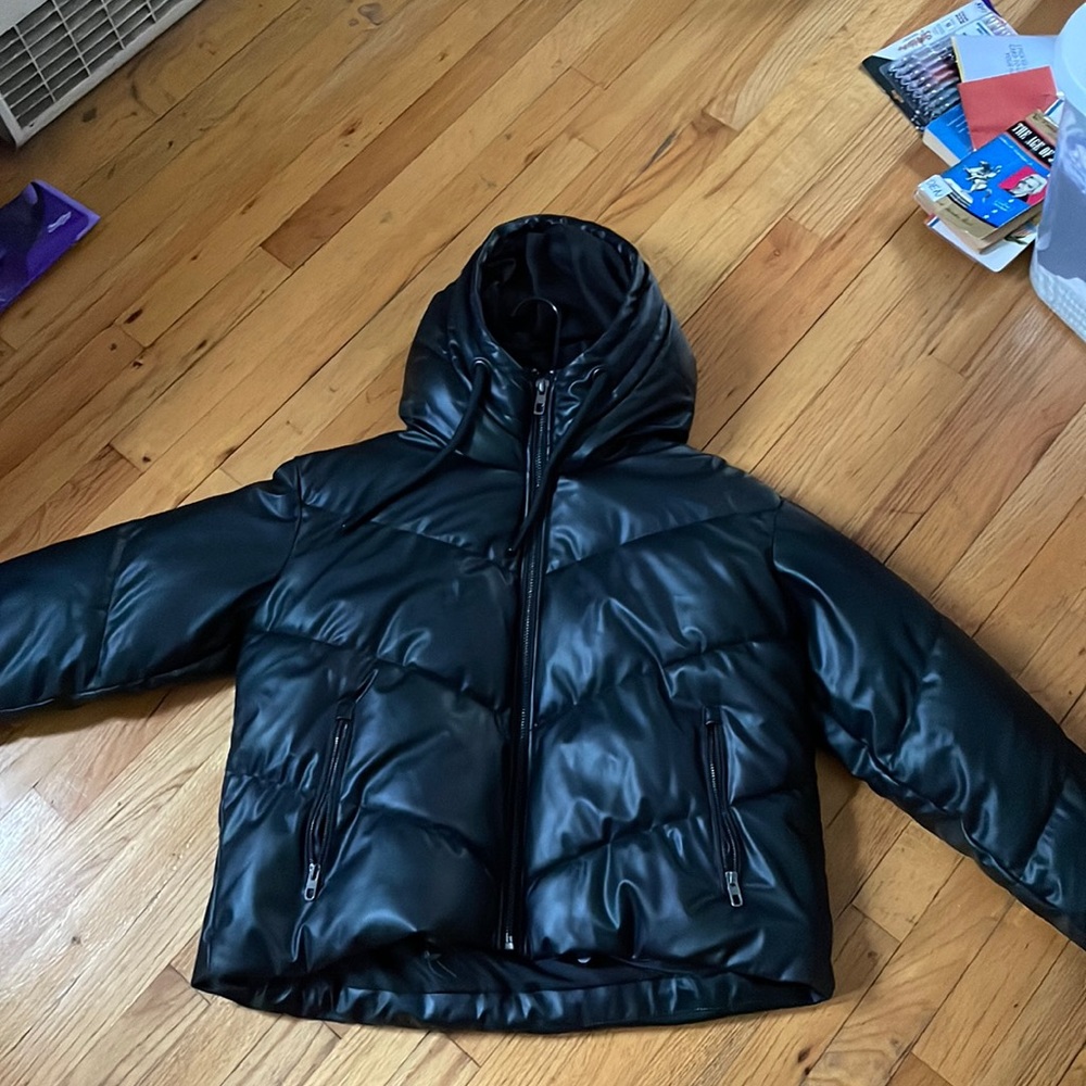 Zara black leather puffer jacket. Size medium.